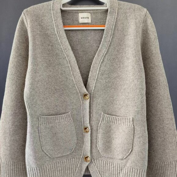 Khaite Beige Wool Cardigan Sweater V-Neck with Patch Pockets - Picture 2 of 9